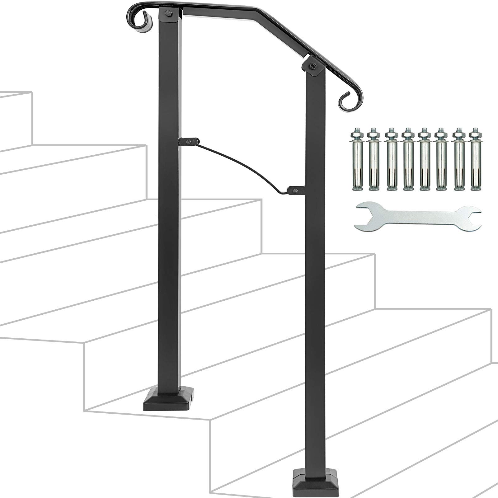 Adjustable Handrail, Handrail Arch #1 Fits 1 to 2 Steps Stair Rail Mattle Wrought Iron Handrail Strair with Installation Kit Hand Rails for Outdoor Steps,Black