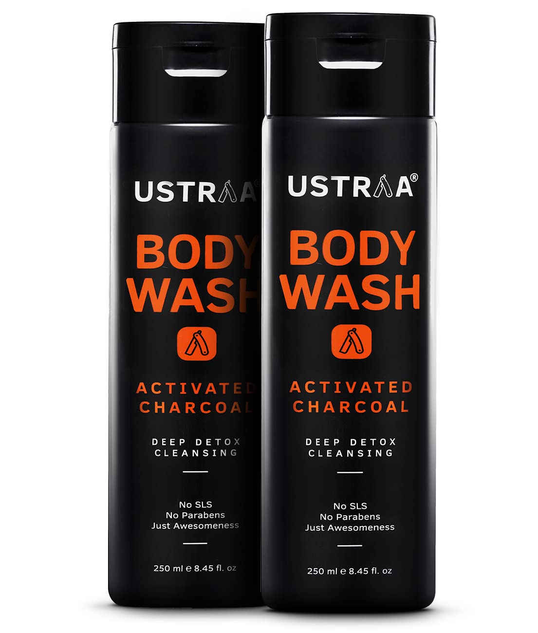 Ustraa Body Wash- Activated Charcoal 250 ml set of 2 - Deep Skin Detox with Activated Charcoal, Moisturization of Aloe V
