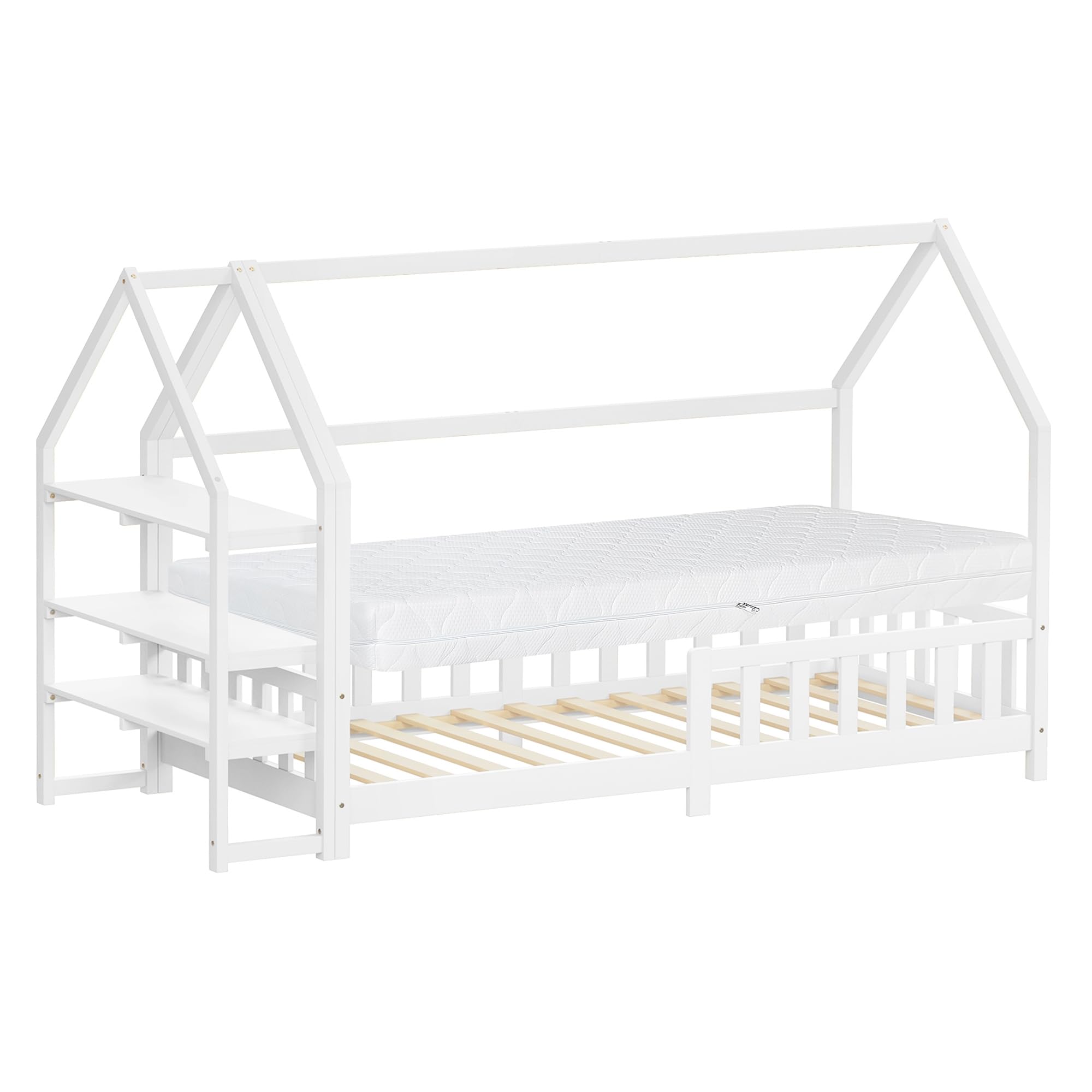 ML-Design Letto a Casetta 90x200 cm per Bambini, Bianco, in Legno di Pino, con Materasso 16 cm, Protezione Anticaduta e Libreria Integrata, Tetto e Rete a Doghe, Letto a Terra Style Montessori