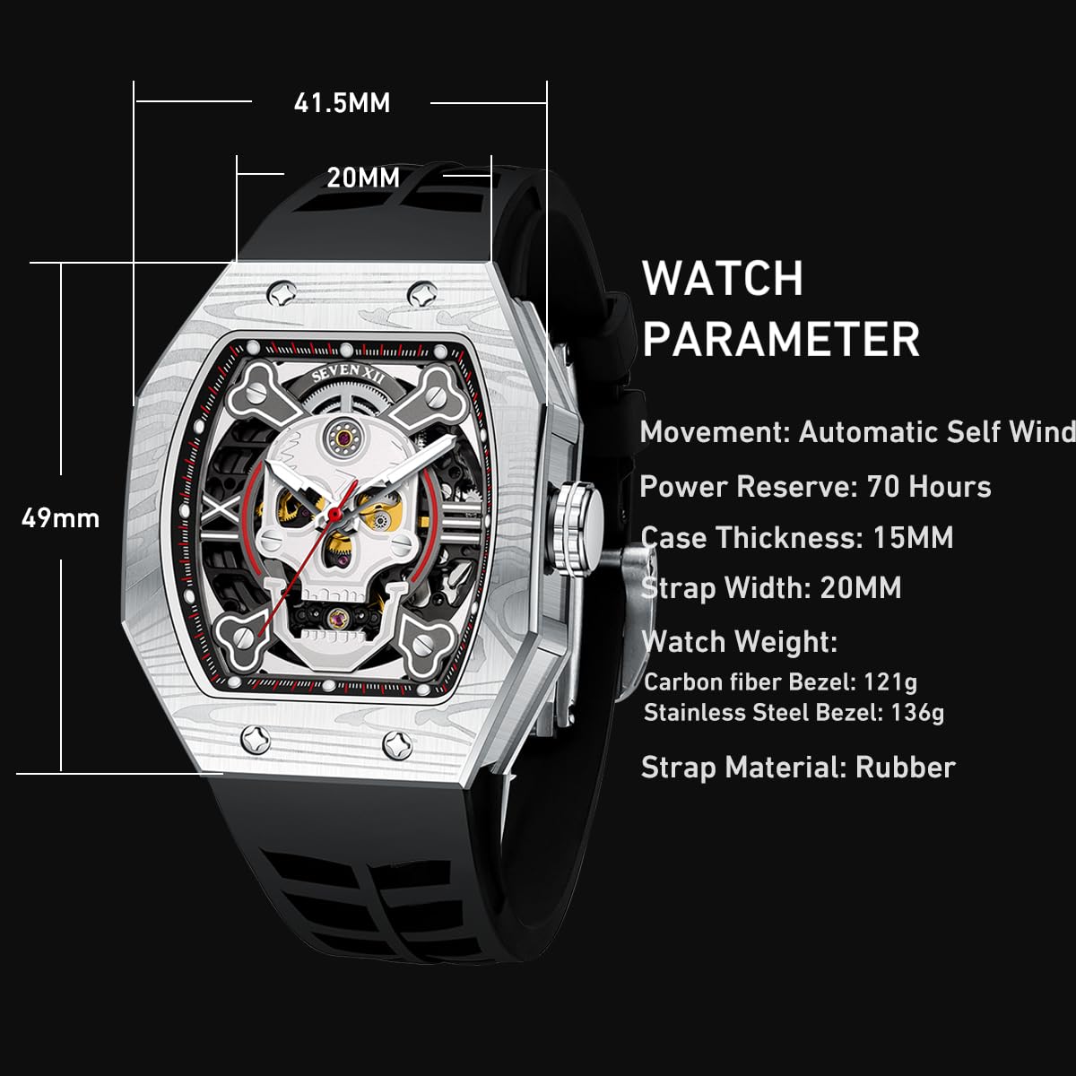 Automatische Herren Uhren Tonneau Schädel Skelett Zifferblatt 70 Stunden Stromreserve Mechanische Uhren Luminöser wasserdichte Saphirspiegel Mode Luxus Uhr S001