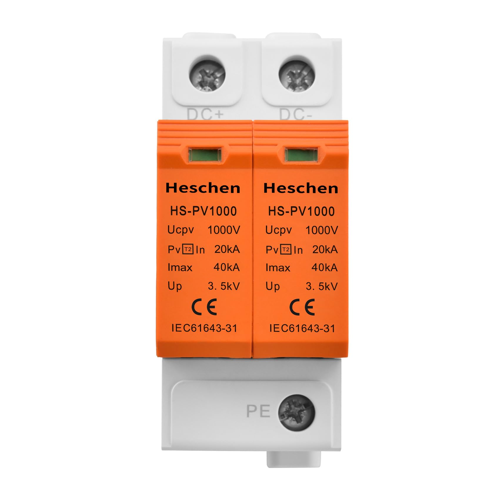 Heschen Dispositivo de protección contra sobretensiones para PV, 20KA, ignífugo, montaje en carril DIN de 35 mm (HS-PV1000, 2P 1000VDC)