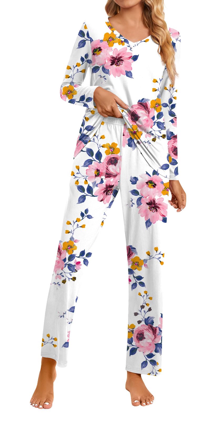 syoss Conjunto de pijama de 2 piezas para mujer, de manga larga, con bolsillos