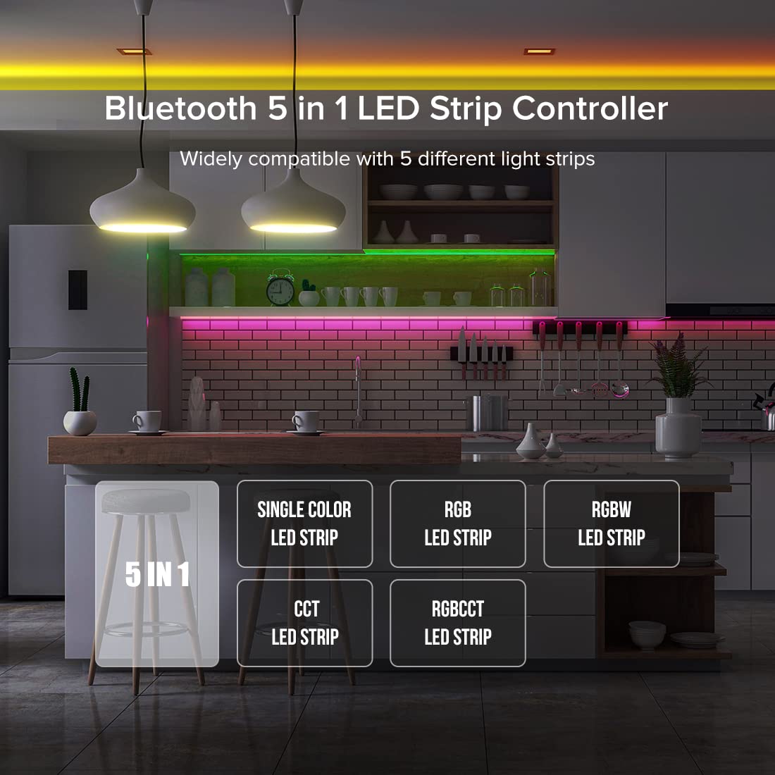 SEZO LM053 Bluetooth Mesh LED Controller 5in1 for Single Color CCT RGB RGBW RGBCCT Strip Lights Compatible with Alexa/Google Assistant Smart Life/Tuya APP Control Color Change Brightness Dimming