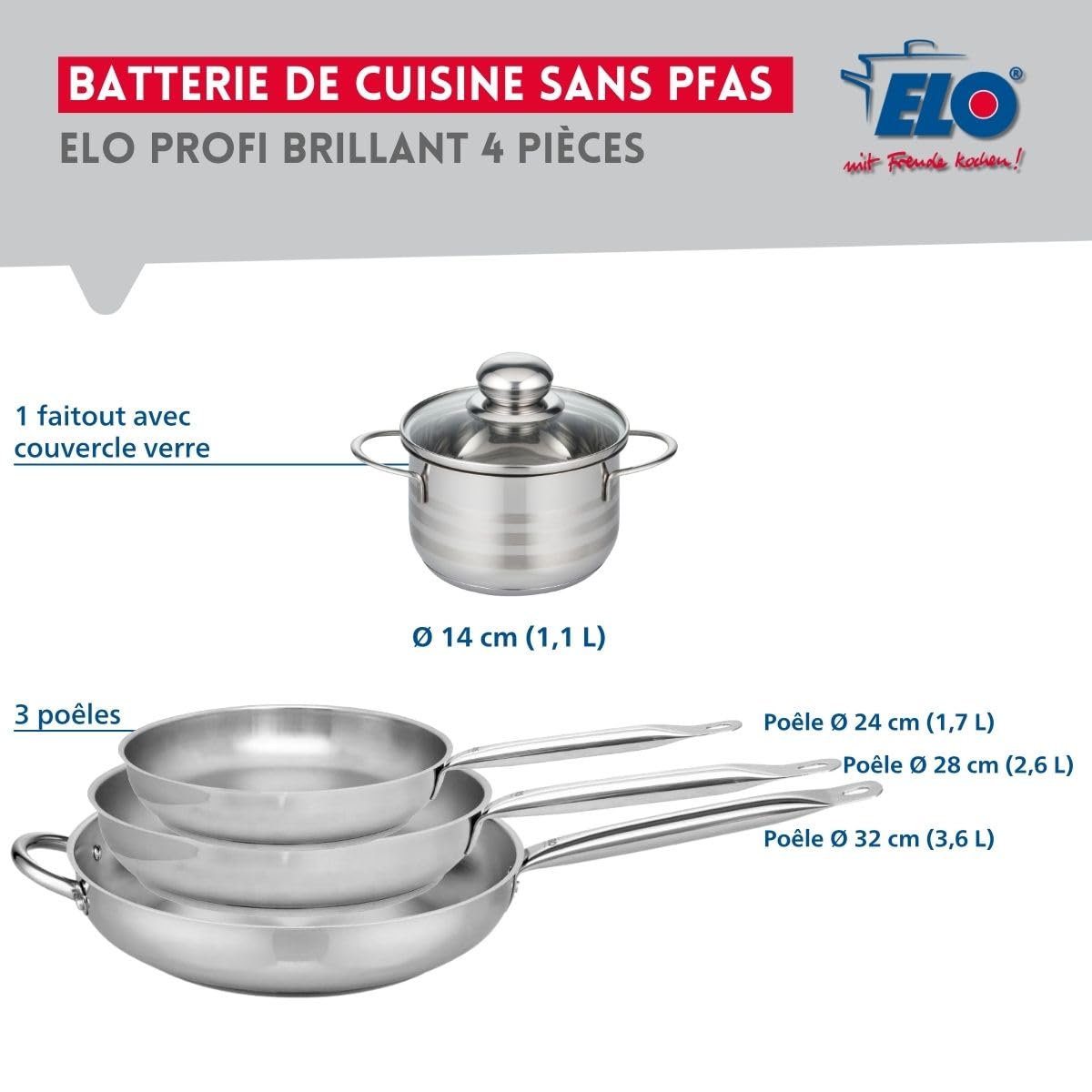 Elo Batterie cuisine 3 poêles 24/28/32 cm et faitout 14 cm