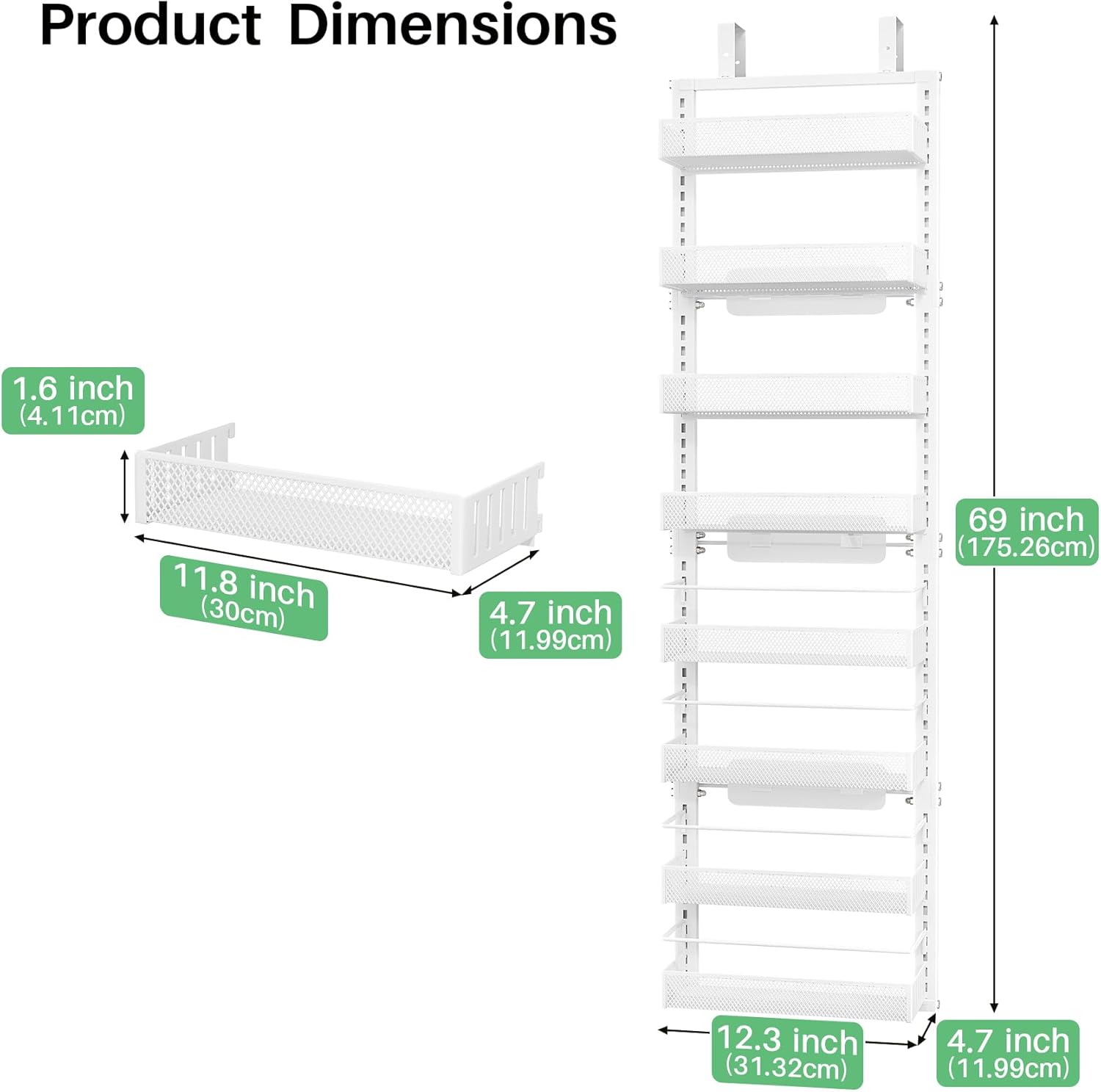 sntd over the door pantry organizer - 8 tier adjustable pantry door spice organizer, large capacity hanging door spice rack for kitchen pantry organizers and storage (white, 12.3" w x 4.7" d x 69" h) white 12.3"w x 4.7"d x 69"h