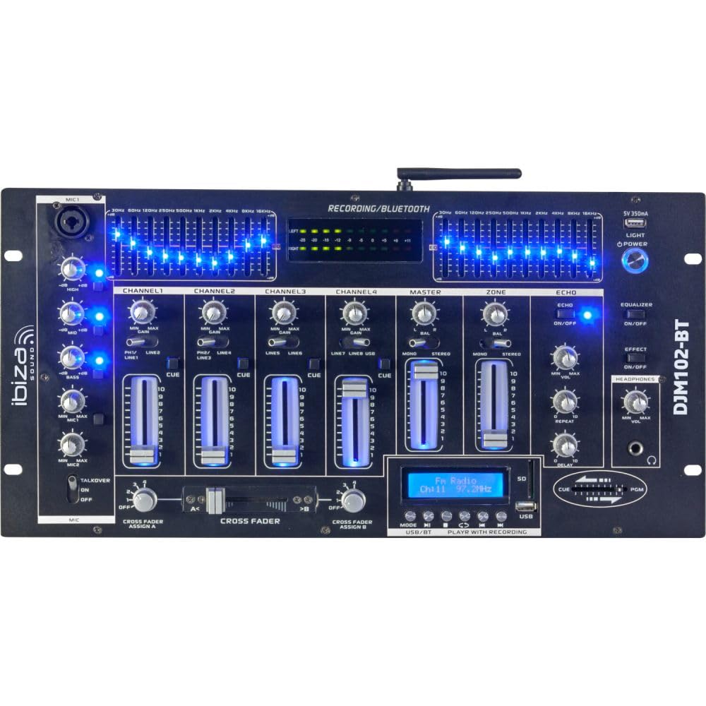 IBIZA SOUND DJM102-BT 19" Rack-Mischpult mit 6 Kanälen, Bluetooth, USB, Line, Phono, Mikrofon-Eingänge, XLR, 1/4" TRS Ausgänge
