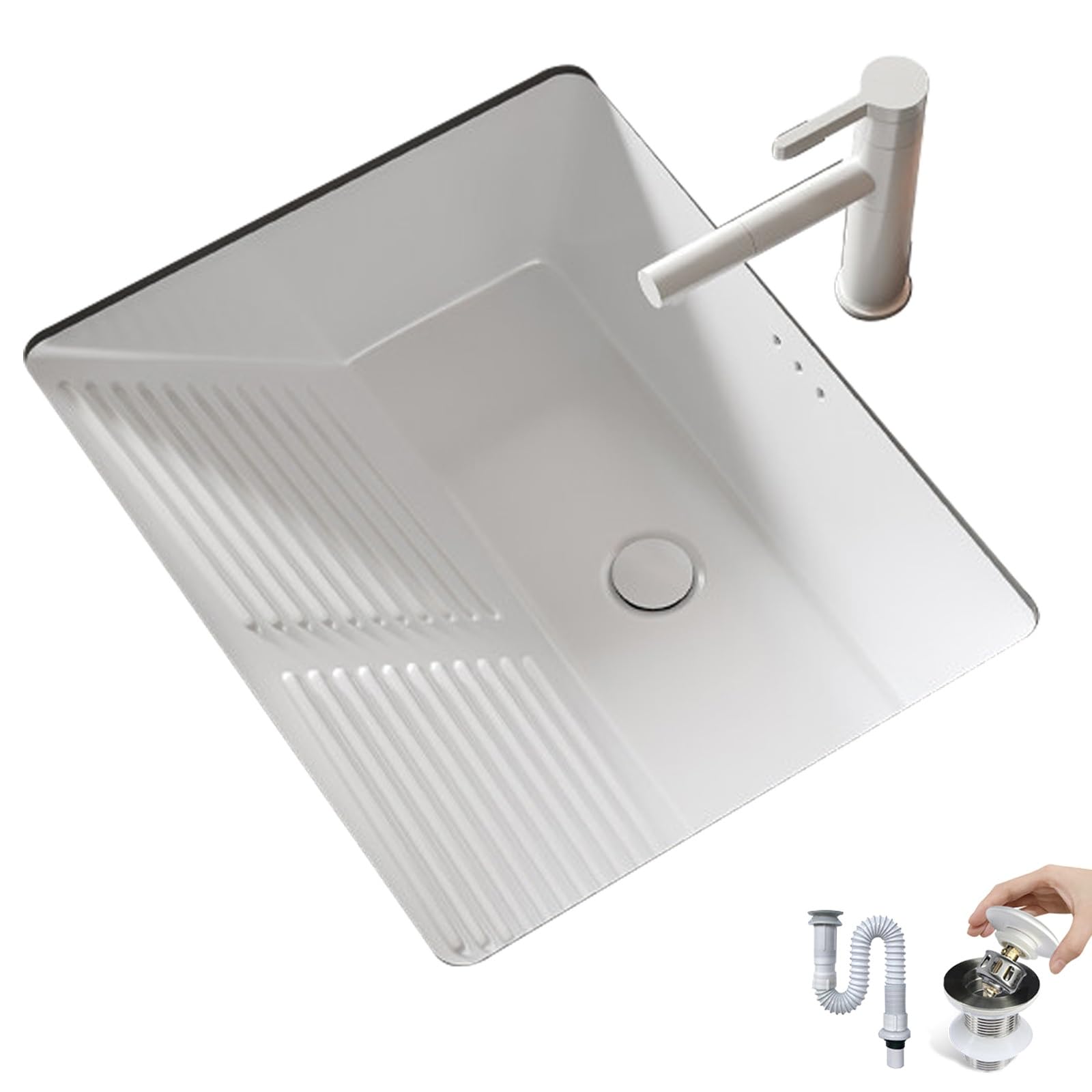 Fregadero de Cerámica Empotrable Para Lavandería con Tabla de Lavar Integrada, Lavabo Sobre Encimera con Grifo de Caño Alto y Kit de Desagüe para Baño o Lavadero(32.5x46.5x22cm/12.8x18.3x8.6in)