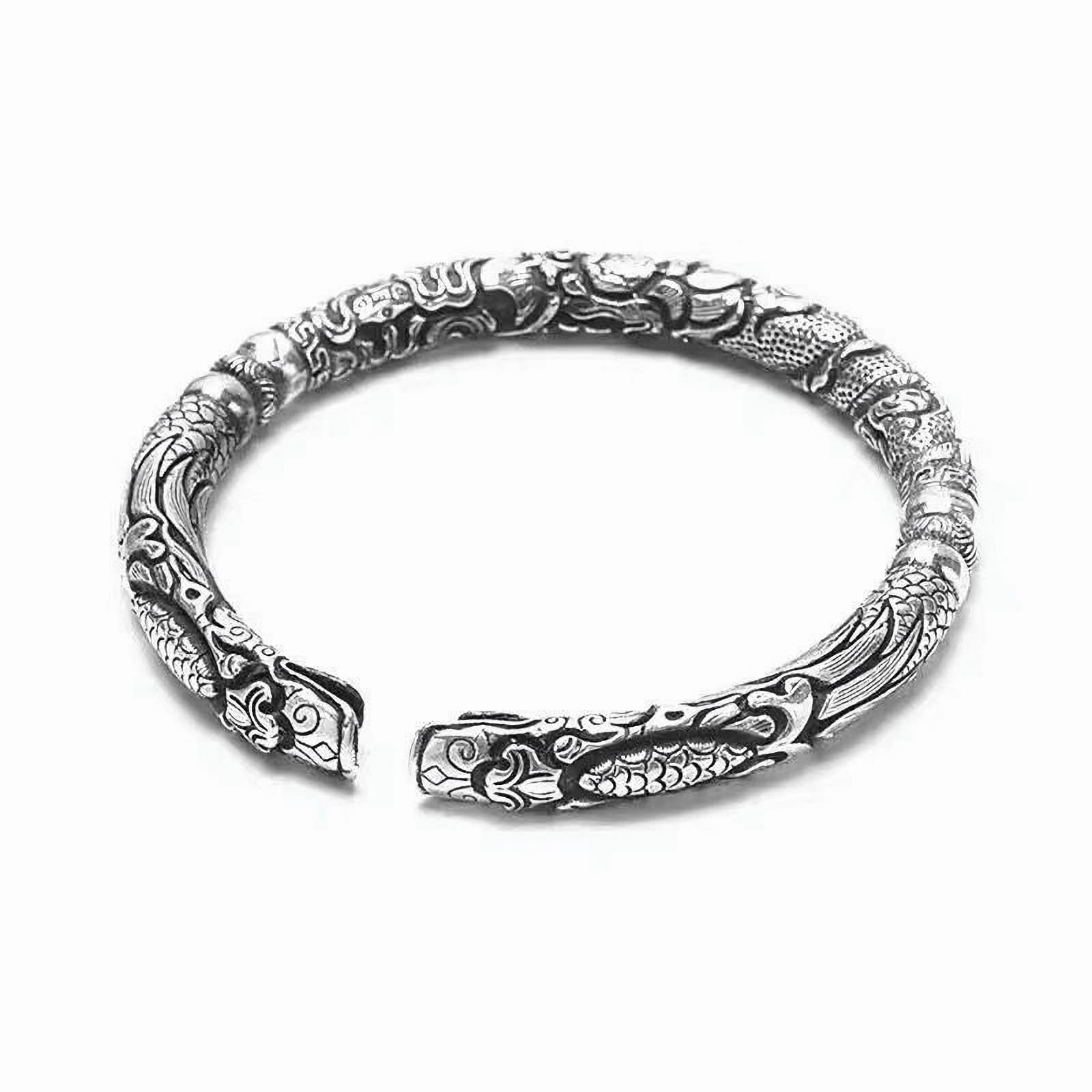 BeccalameViking Double Head Dragon Bracelet - Adjustable Vintage Silver Cuff Bracelet, Perfect Men's Jewelry