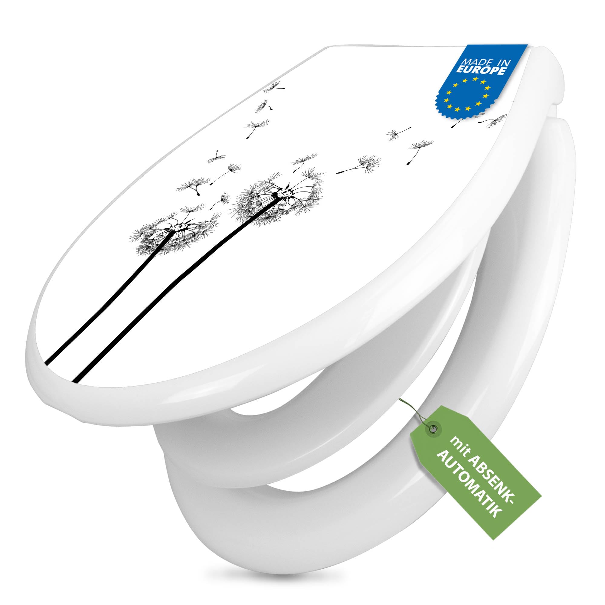 banjado Familien WC Sitz mit Absenkautomatik 44,9x37,1cm - Klobrille mit Kindersitz aus hochwertigem Polypropylen - Toilettendeckel mit Kinder Toilettensitz integriert - Motiv Pusteblume 2