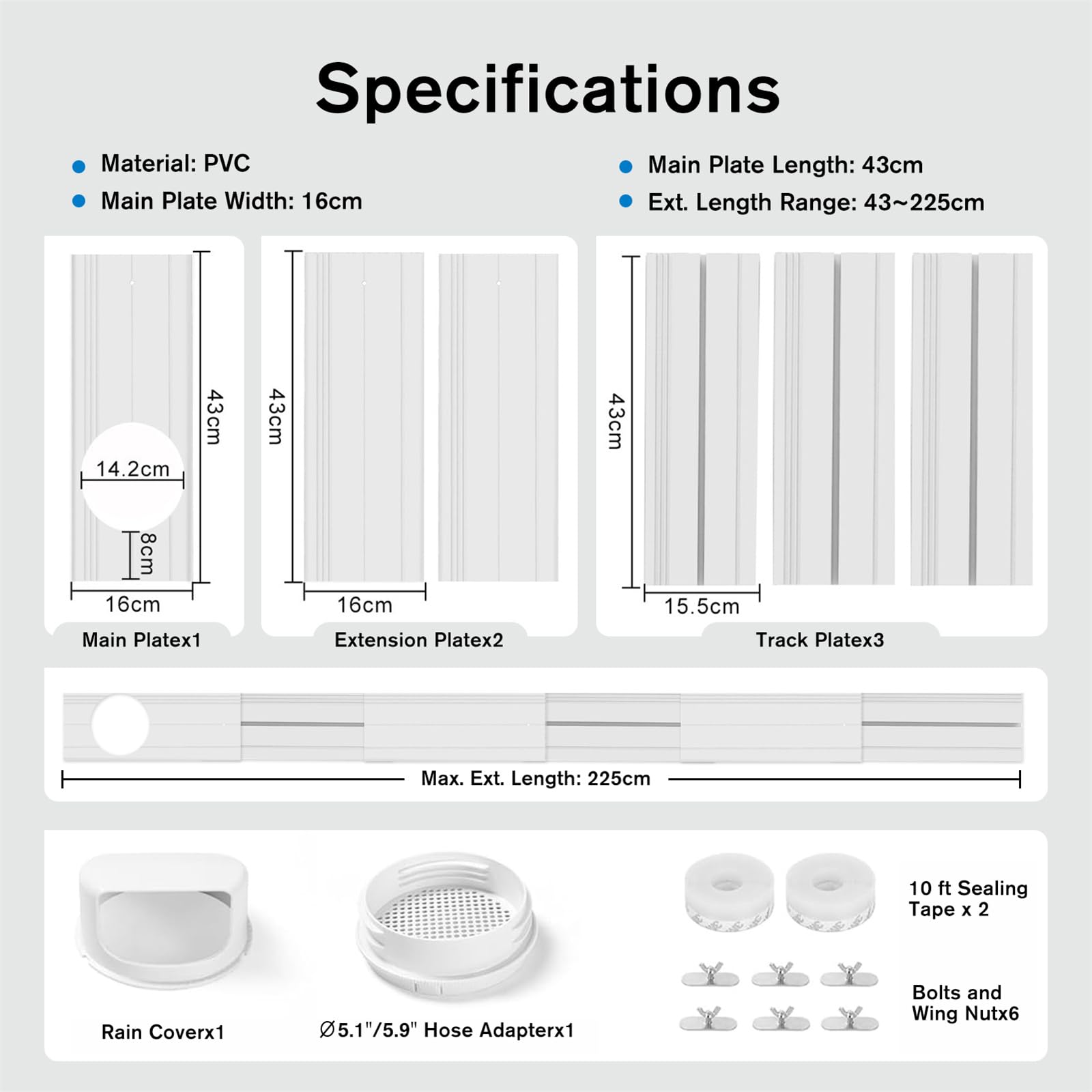 LINGKY Kit de Ventana Aire Acondicionado Portátil, Placas de Sellado de Ventana Corredera de Aire Acondicionado Portátil, Adecuado para Tubos de 5"/5,9" de diámetro, con Adaptador de Ventana