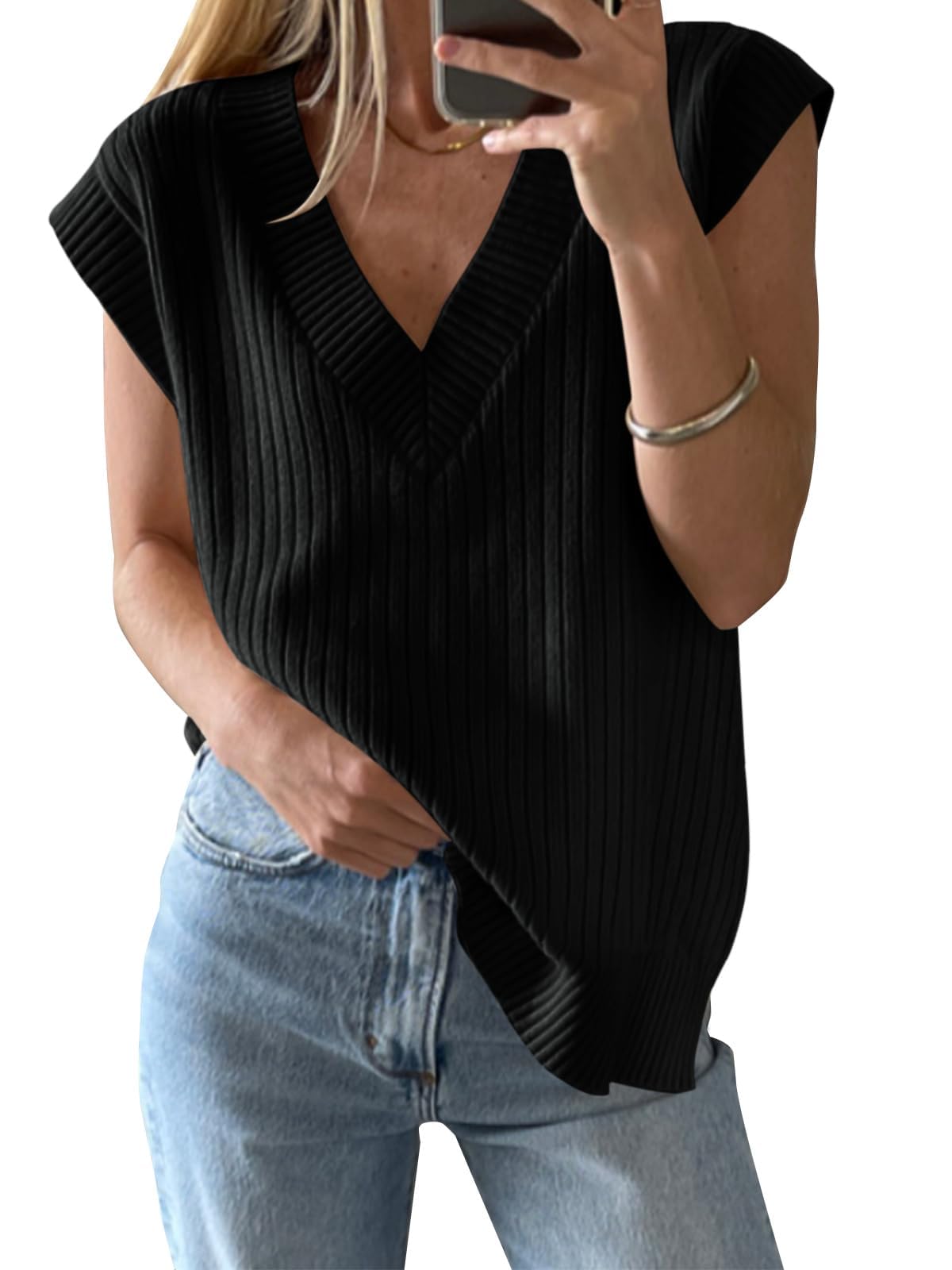 Saodimallsu Damen V-Ausschnitt Pullover Weste Oversized Ärmellos Tank Tops Leichtgewicht Strickpullover Sommer Elegante Oberteil