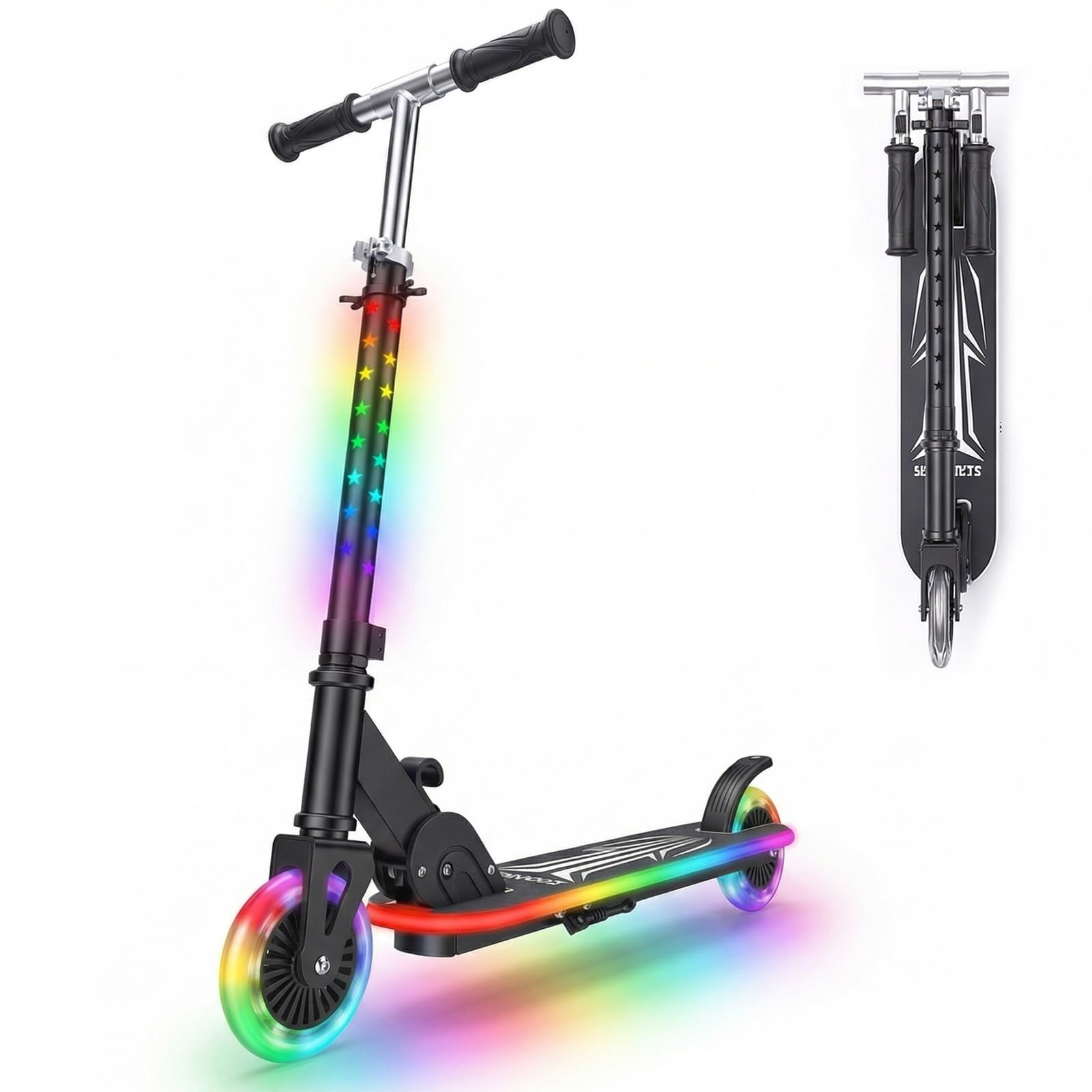 Kynorva Kids Scooter Ages 3-10, One-click Folding with 4 Height Adjustable Handlebar and Rear Brake, No Installation Required, Light Up Wide Deck Scooter for Boys & Girls (Black)