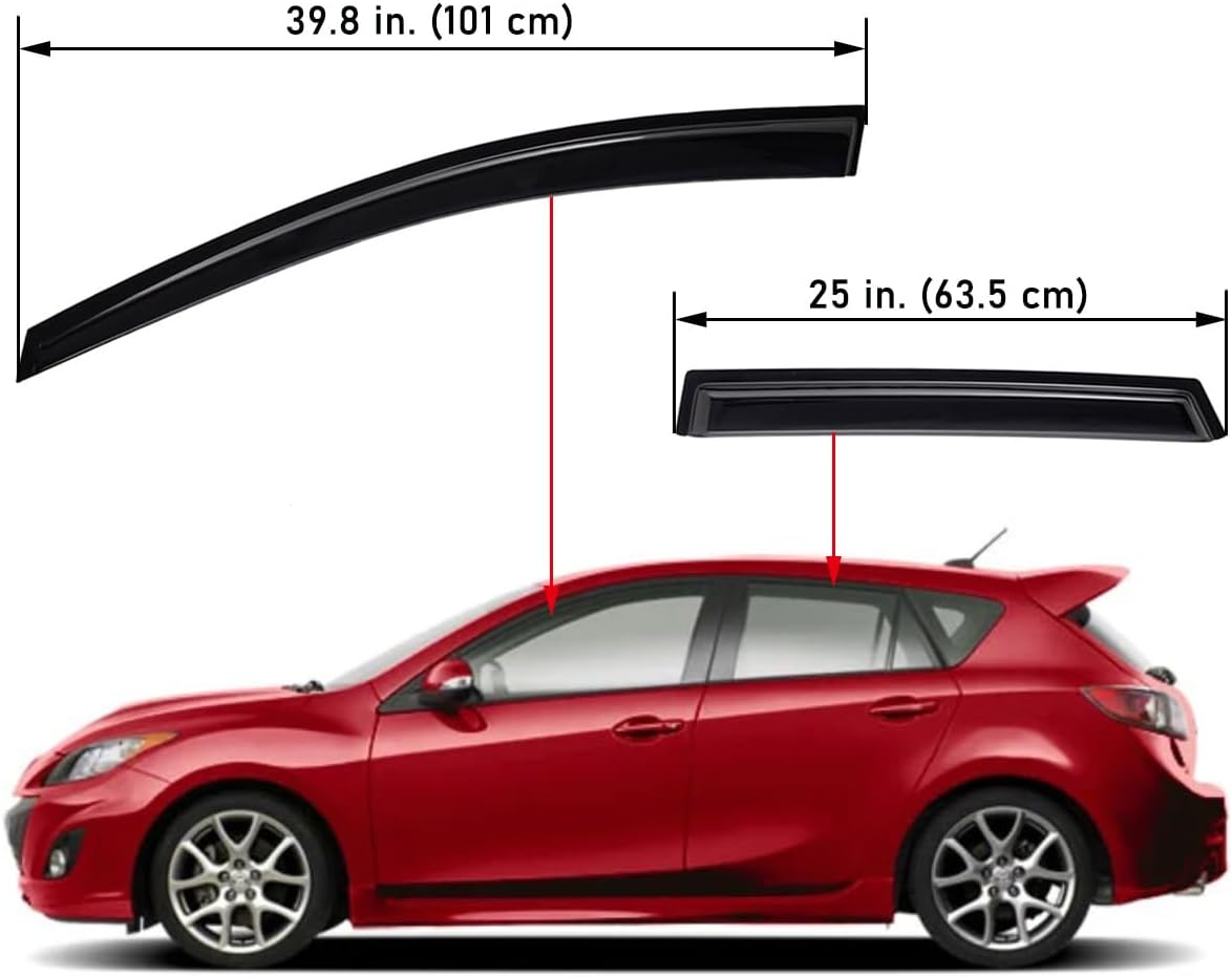 Lightronic Extra Durable Outside-Mount Auto Vent Window Visor, Fit 2010-2013 Mazda 3 Hatchback (EXCLUDES Sedan), UV Protection Rain Guard, Original Wind Deflector, No-Drill Install, Dark Smoke, 4Pcs