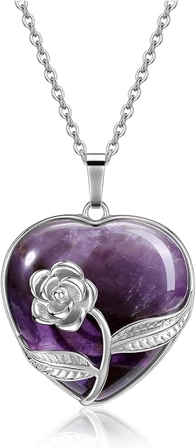 JSDDE Healing Crystal Necklace Silver Wrapped Heart Crystals Gemstone Pendant Necklaces Quartz Stone for Women Gift