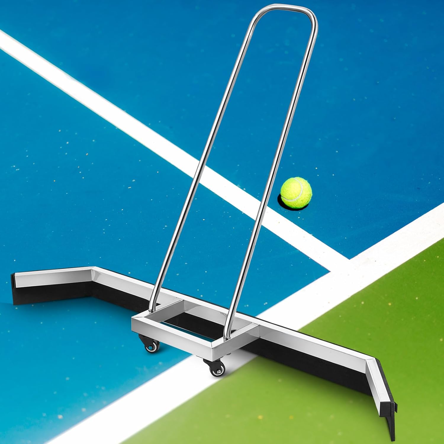 Leyndo Tennis Court Squeegee 54 inches Floor Broom Commercial with Handle and Wheels Professional Water Remover Stainless Steel Sport Court Accessories, Silver