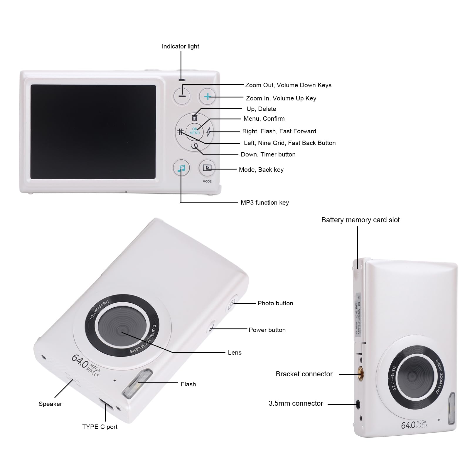 Fotocamera digitale 64MP 4K Auto Focus Point and Shoot Videocamera Videocamera Compatta Piccola Fotocamera per Fotografia Vlogging Camera, Zoom 18x, Display TFT da 2,75 pollici