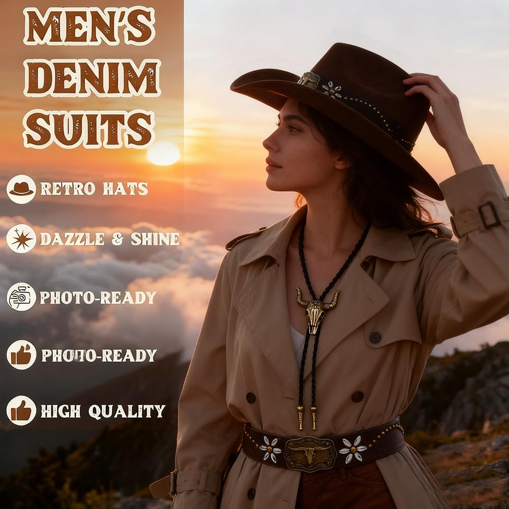 Occidentale Cappello Cowboy, Cintura Cappello In Pelle Retro, Cravatta In Cuoio In Bronzo, Stile Maschile E Femminile Neutro, Cowboy, Carnevale Di Halloween