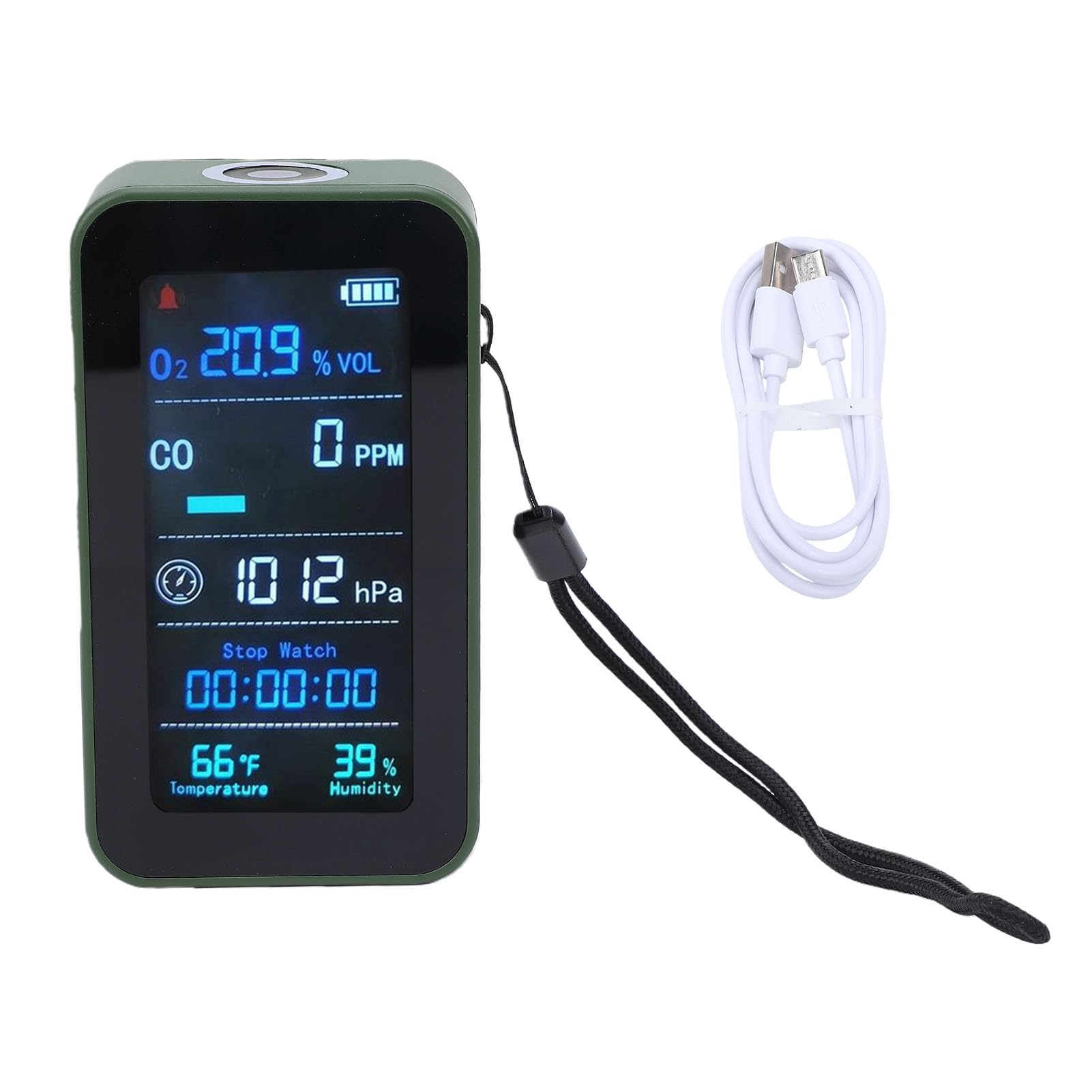 Eujgoov Monitor Portatile della qualità Dell'aria Esterna, Verde Giungla, Misuratore di Ossigeno O2 con Sensore di umidità, Temperatura e Pressione Barometrica, Torcia LED di Emergenza,