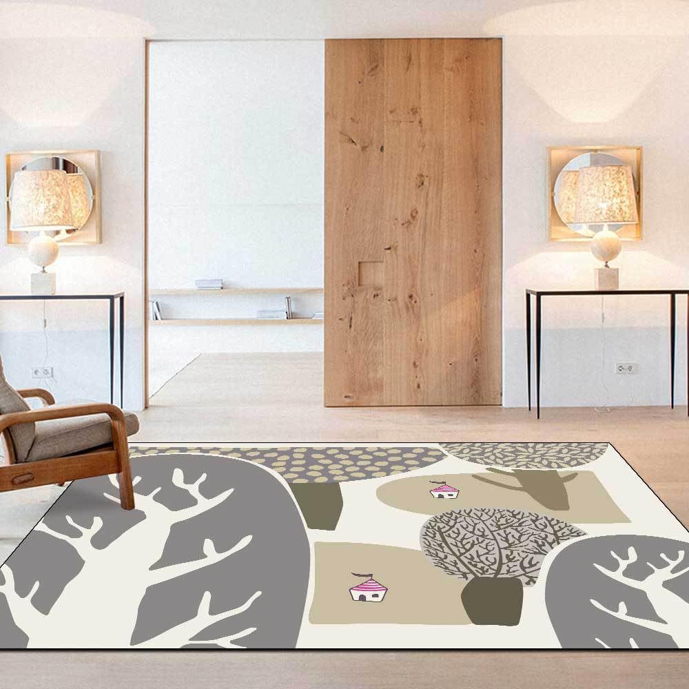 Grand tapis lavable haut de gamme motif arbre marron et gris pour chambre 180x180