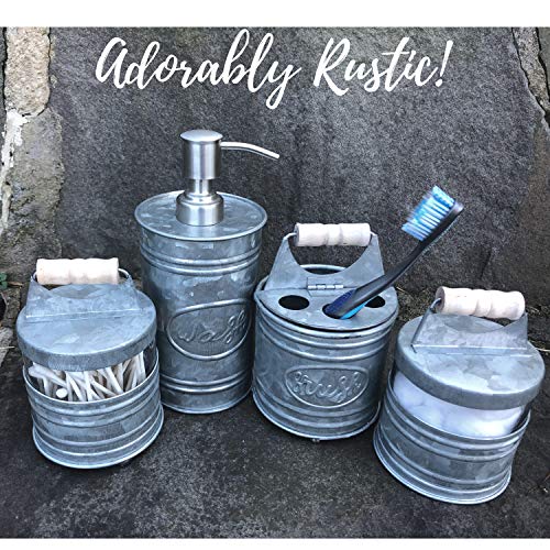 Autumn Alley Rustic Farmhouse Galvanized Bathroom Accessories Set (4 PCS) - Lotion Soap Dispenser, Toothbrush Holder, 2 Apothecary Jars (Qtip Holder) - Rustic Farmhouse Bathroom Decor
