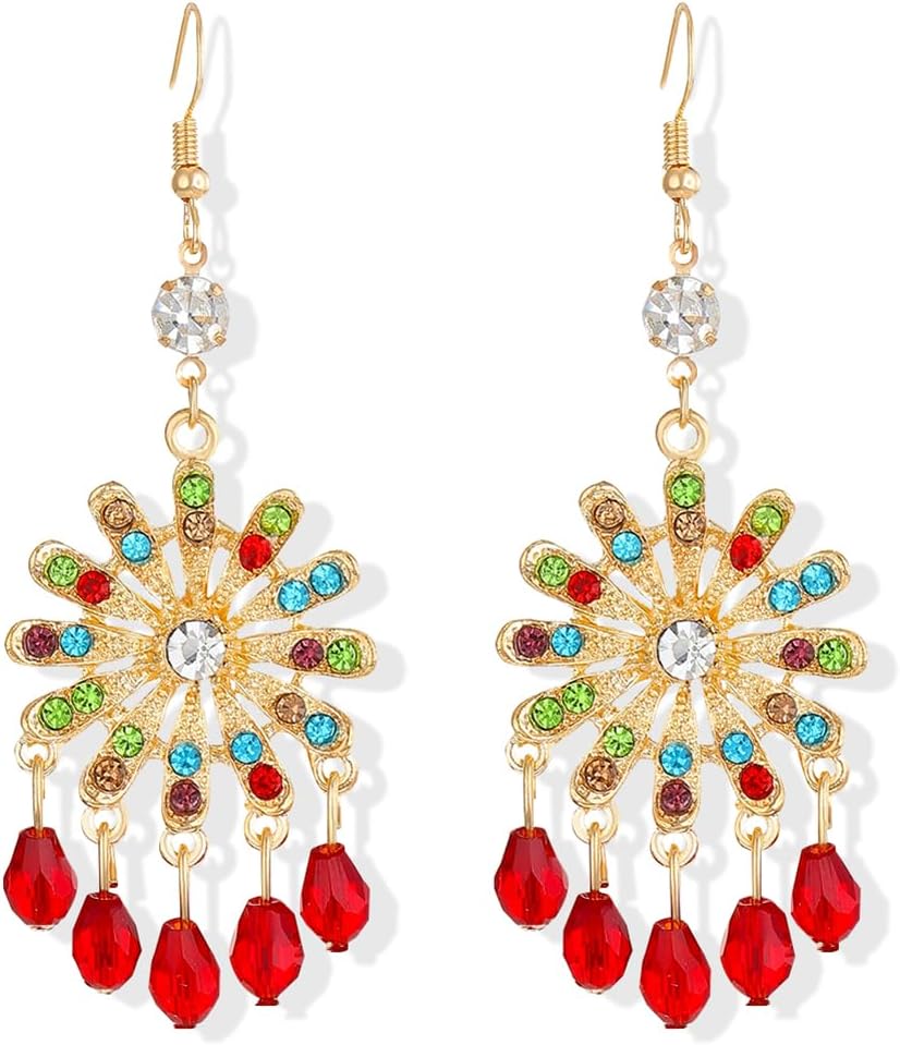 Vintage Ethnic Style Colorful Crystal Flower Lightweight Dangle Drop Earrings Bohemian Petals Tassels Teardrop Floral Earrings for Women