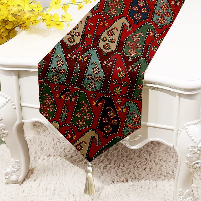 Image of STITCHNEST Floral Paisley Printed Poly Cotton Table Runner and Bed Runner (13 x 60 Inches with Tassel)