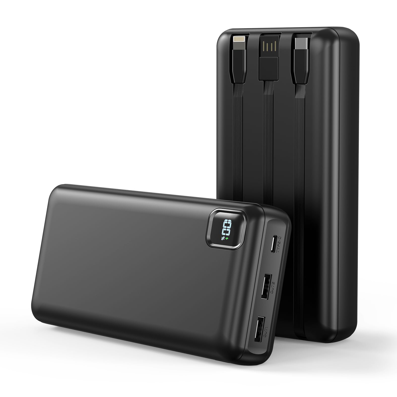 Cargador portátil PD de carga rápida de 50.000 mAh, USB C de 30 W con cables integrados, 5 salidas y 2 entradas de batería, pantalla LCD, cargador de teléfono portátil para iPhone 16/15/14/13 Pro Max