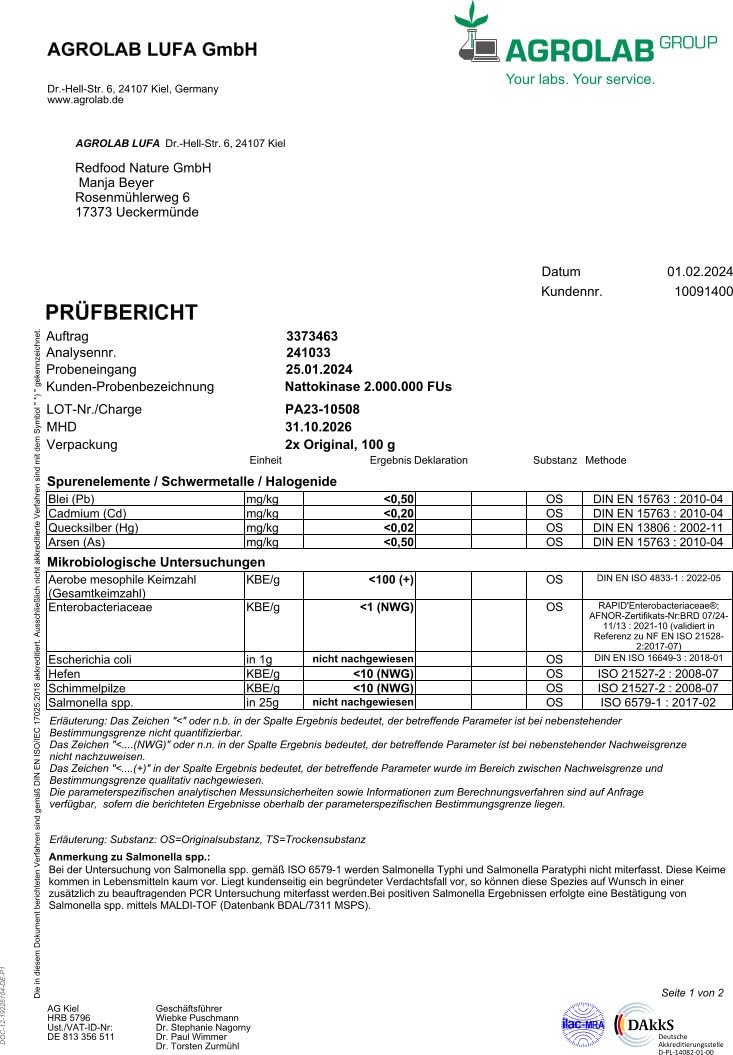 Nattokinase Pulver 100g Packung 2.000.000 FU´s hohe Bioverfügbarkeit ohne Magnesiumstearat ohne K1 K2 mit Analyse Zertifikat