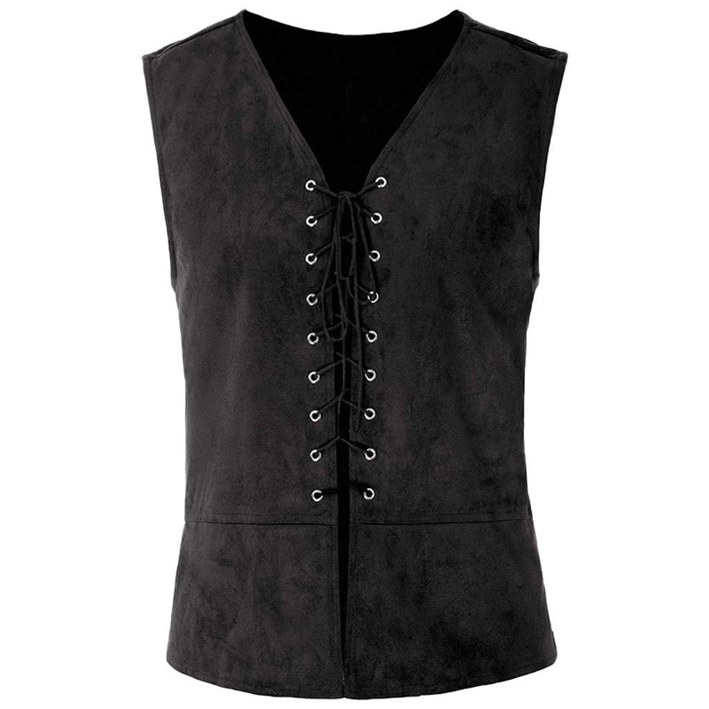 WAZHAKU Vintage Pirate Vest Men's Medieval Retro Gothic Cosplay Costume Pirate Costume Traditional Lace-up Vest Steampunk Vest Lacing Viking Vest Renaissance Pirate Vests, black, M