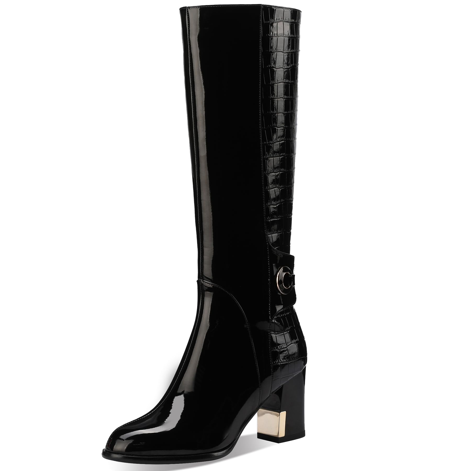 TDD Patent Boots for Women Black 3 Inch High Heel Chunky Block Knee High Long Tall Comfort Dressy