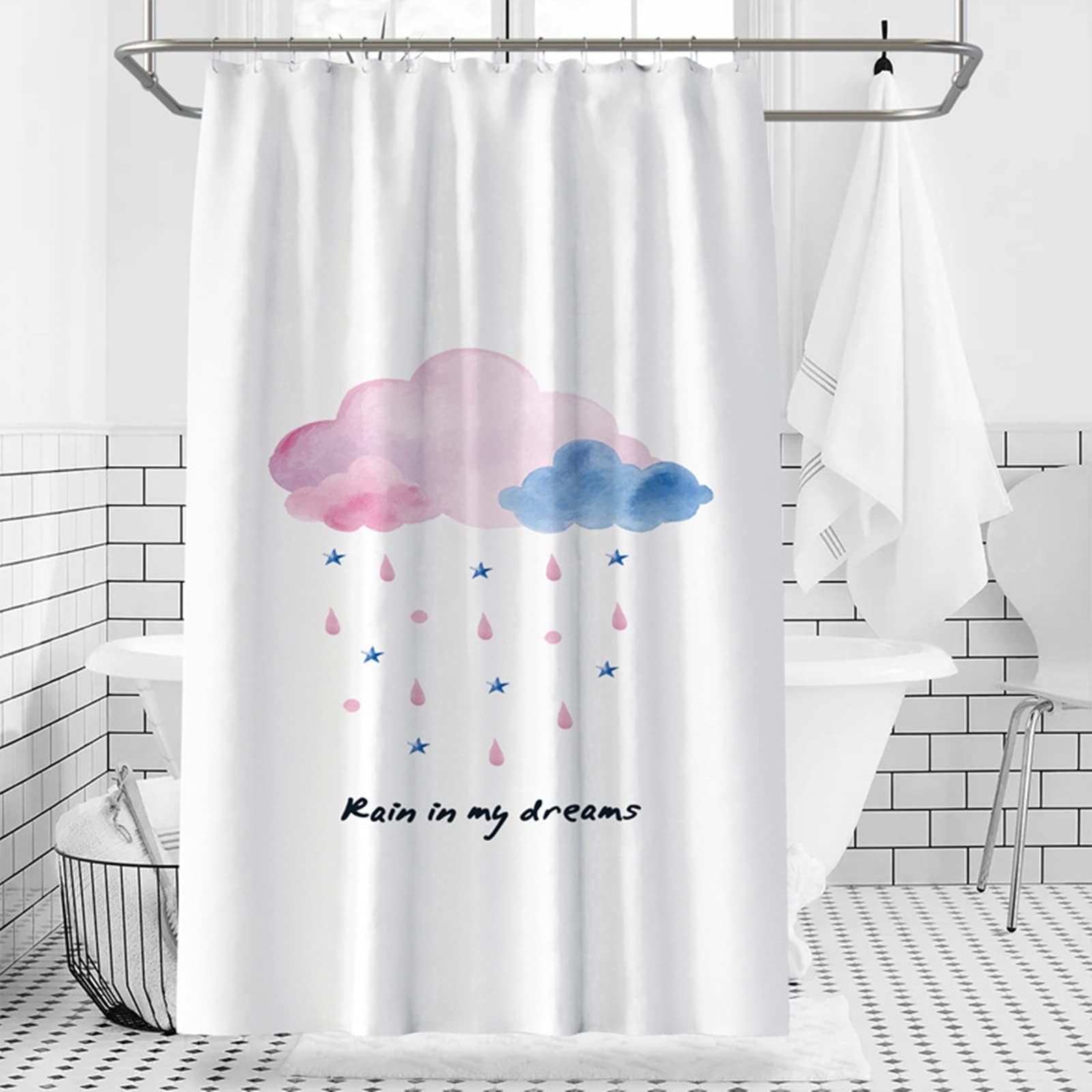 Rideau douche nuages anti moisissure polyester bleu rose 200x180