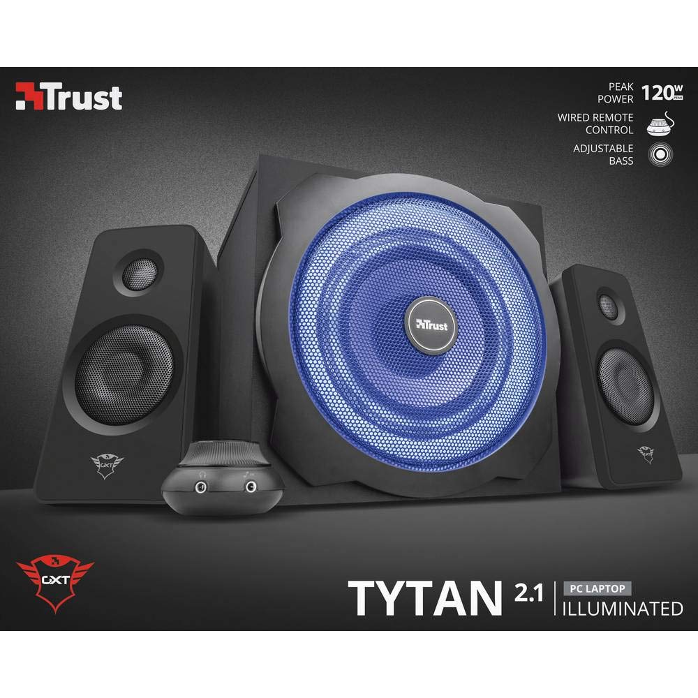 Trust Gaming GXT 628 Tytan Enceinte PC Gamer 2.1 avec Caisson de Basses 120 W, LED Lumineuse, Contrôle du Volume Filaire, Speaker pour PC et Ordinateur Portable Gaming - Noir