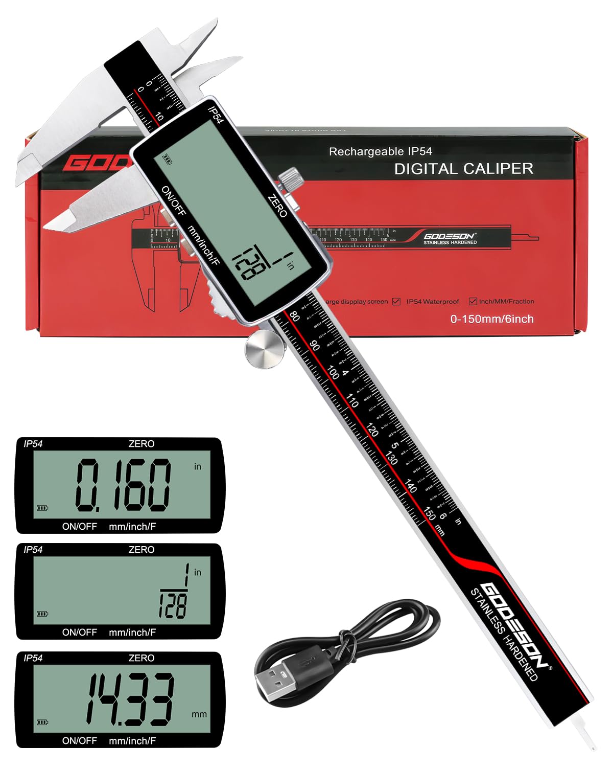 GODESON Calibrador digital, herramienta de medición de calibrador IP54, acero inoxidable y pantalla LCD grande, micrómetro digital recargable, pantalla en pulgadas/métrica/fracciones, calibradores
