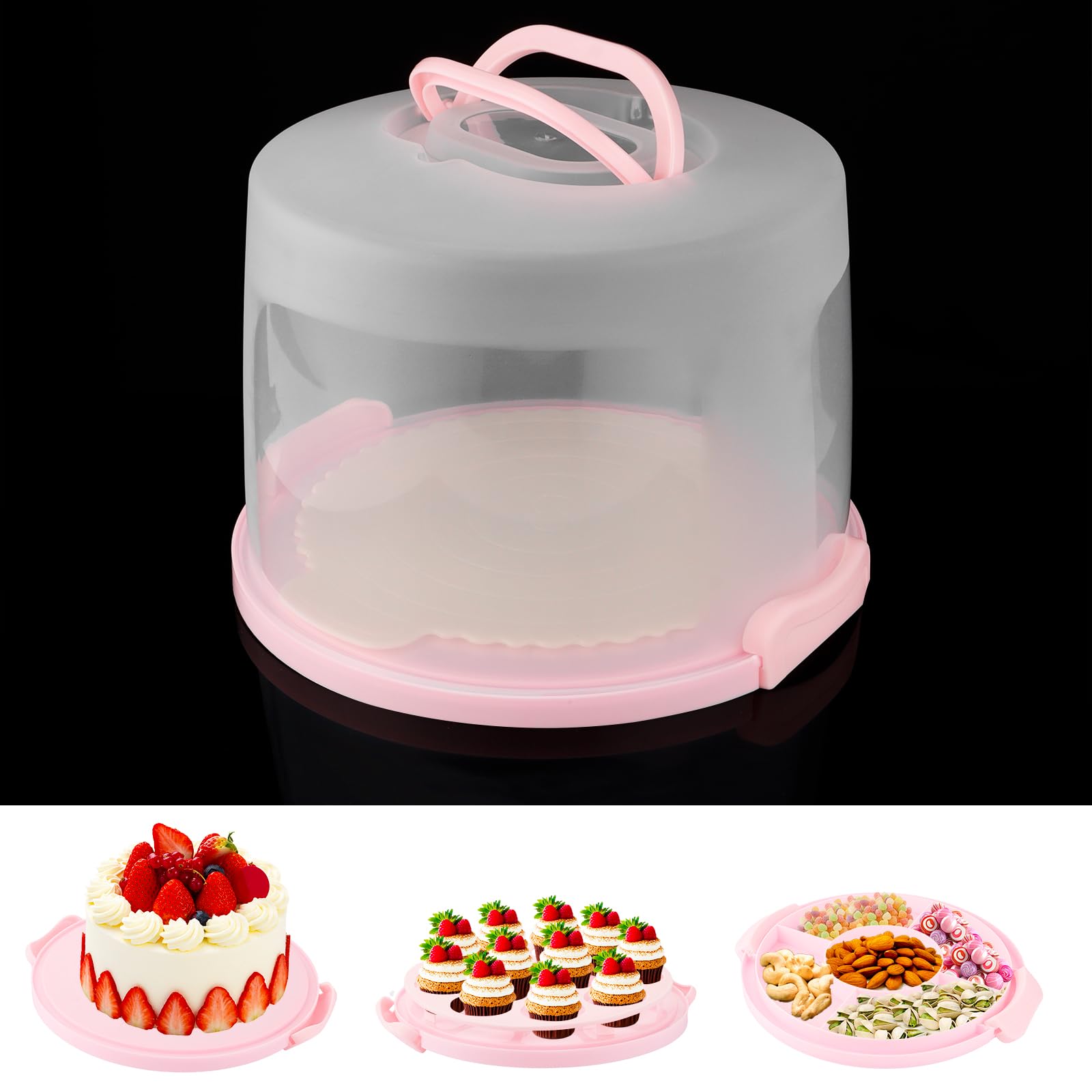 SENENQU Caja de plástico para tartas de 10 pulgadas de alto, soporte grande para tartas con asa y soporte para cupcakes, contenedor portátil para tartas con base de plástico de dos caras para fiesta