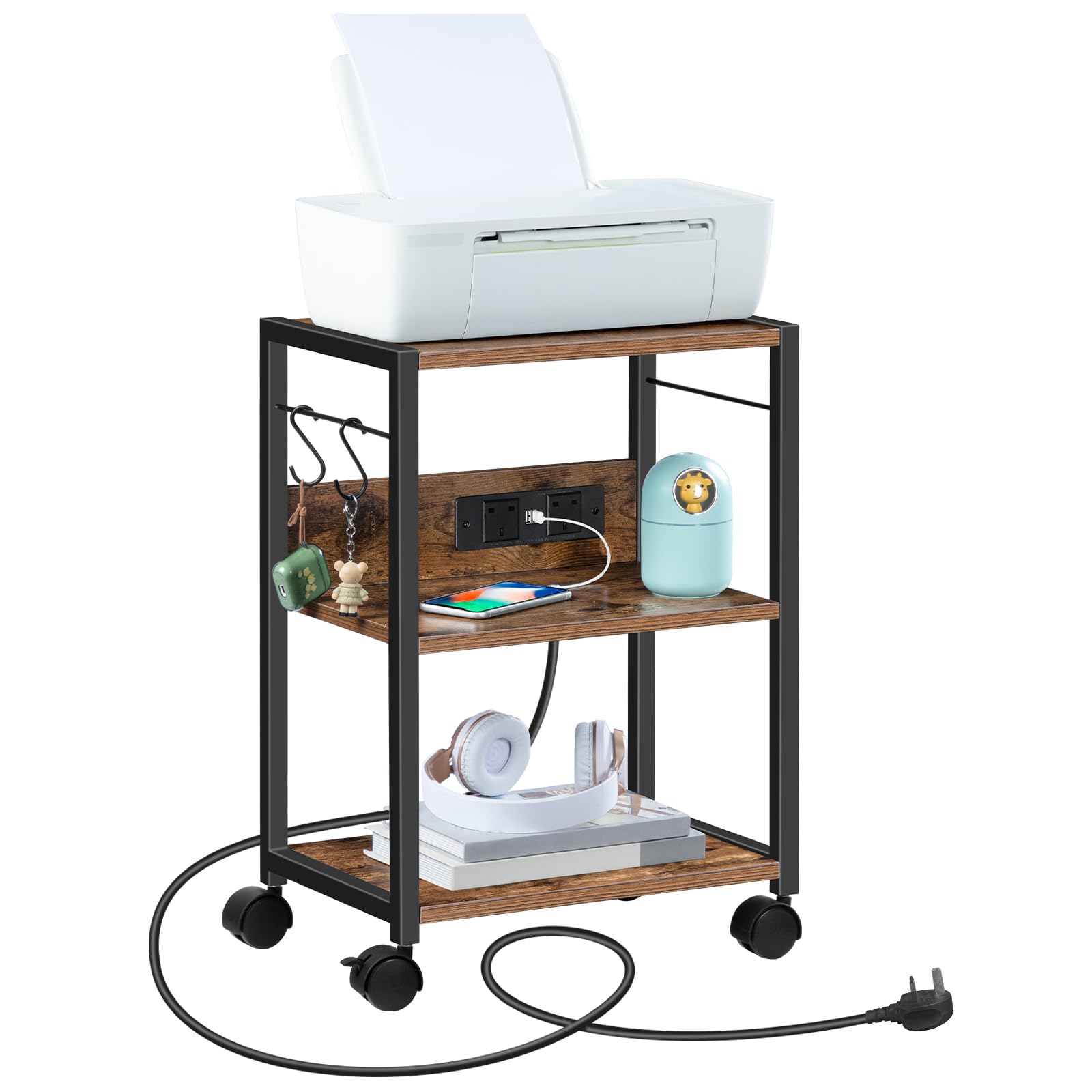3-Tier Mobile Printer Table, Printer Stand with Power Outlets and USB Ports, Home Printer Shelf with 2 Hooks, for Office and Living Room, Rustic Brown (42 x 28 x 60 cm) APTHR40KE01