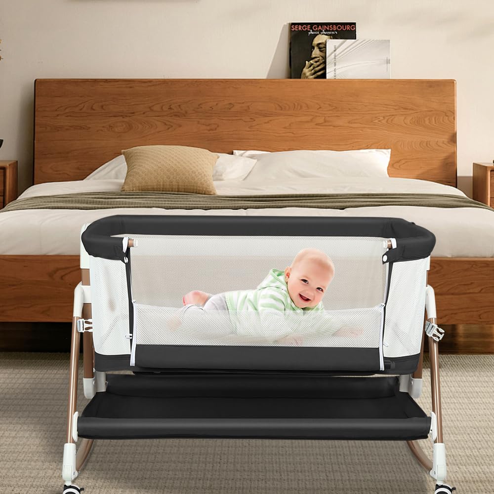 HUOLE Berceau pour Bébé avec Système de Fixation au Lit, Hauteur Réglable et Côtés Ventilés | Berceau Cododo Parfait pour Dormir Près de Bébé-90 x 60 x 90-115 cm - Noir + Or