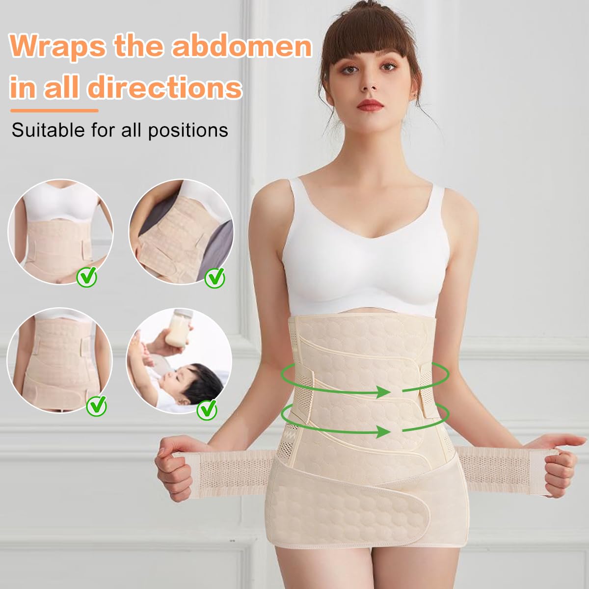 Ceinture Post Accouchement, 2 en 1 Ceinture Abdominale Femme Gaine Post Accouchement, 4 Patchs Ceinture Post Partum Cesarienne avec Ceinture Pelvienne Ceinture Ventrale Post-partum(Beige)