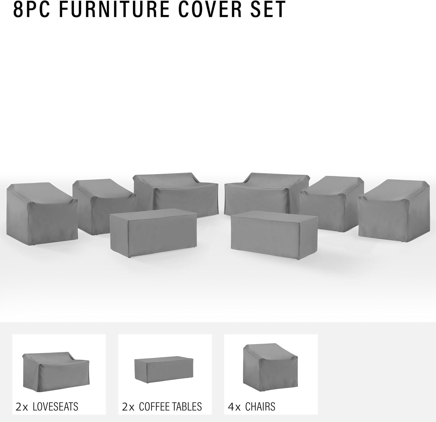 Crosley Furniture Patio Furniture Covers, Waterproof 8-Piece Cover Set for Outdoor Chairs, Loveseats, Tables, Gray