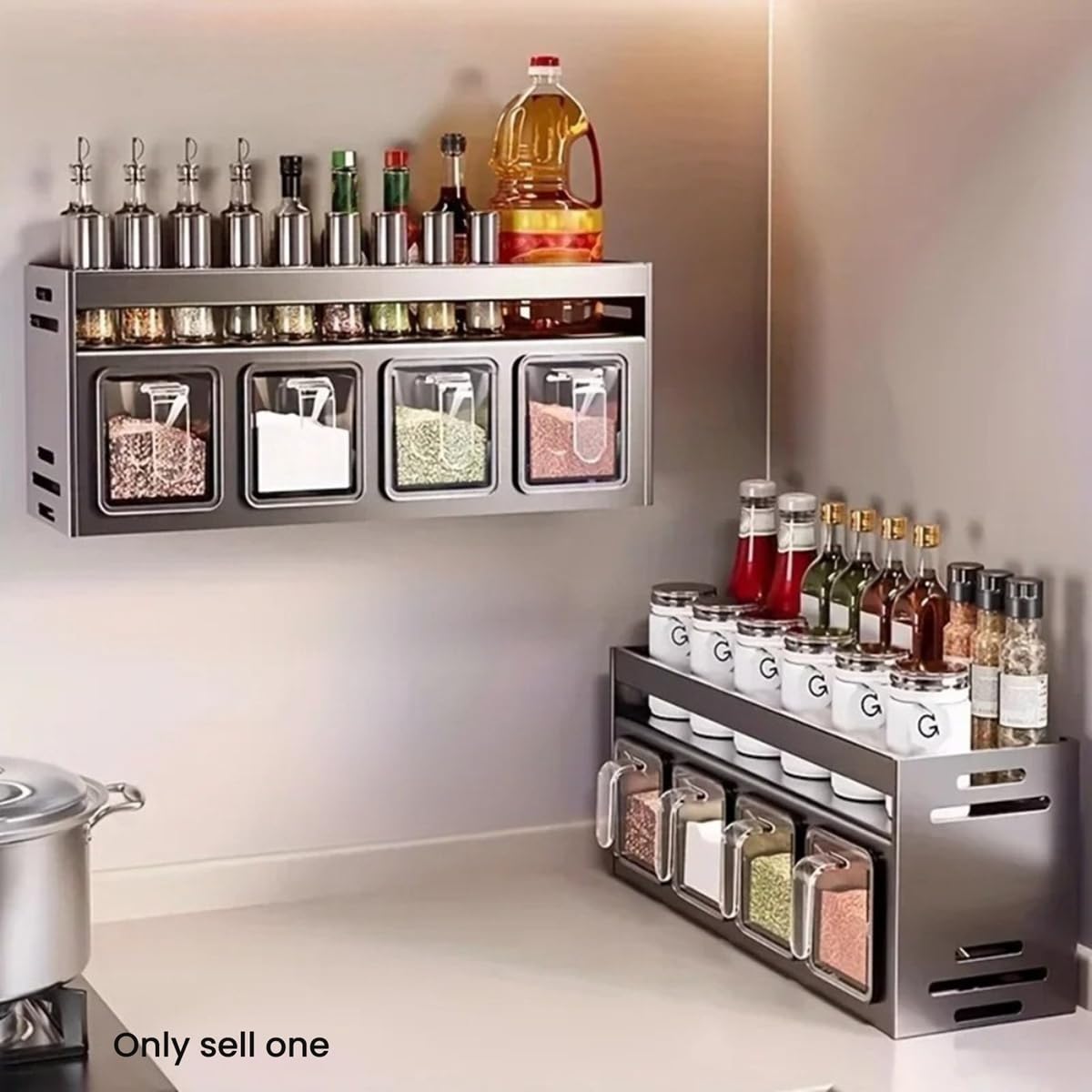 Gewürzregal aus Edelstahl zur Wandmontage, multifunktional, Küchenaufbewahrung für Gläser, Gewürze und Gewürze, platzsparendes Design für das Kochen zu Hause