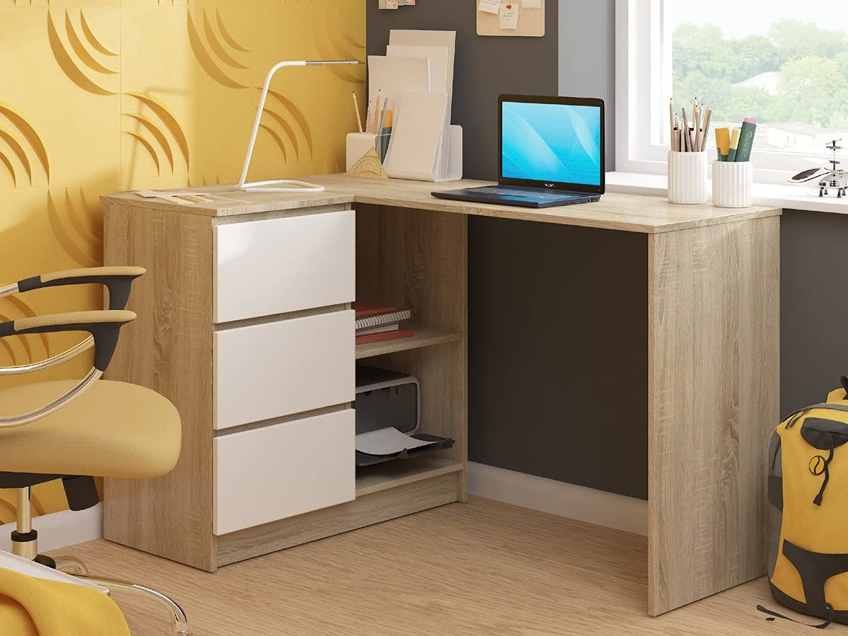 Scrivania Angolare B-16 Con 3 Cassetti - 124x77x85 Cm, Rovere Kraft, Montaggio Facile - Foto 5