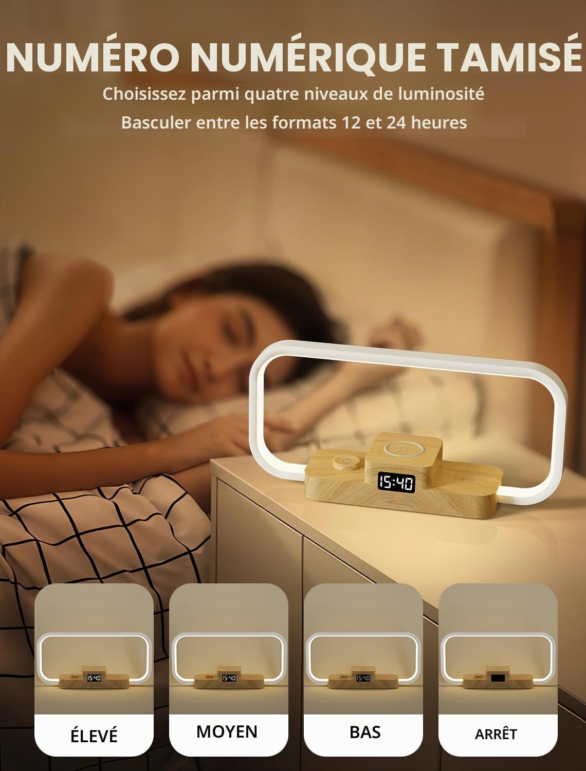 Lampe de Chevet Chargeur sans Fil, Lampe de Table Dimmable 5 Couleurs à Commande Tactile, Lampe Bureau avec Horloge et Port USB, pour Lecture Chambre Bureau, Blanc