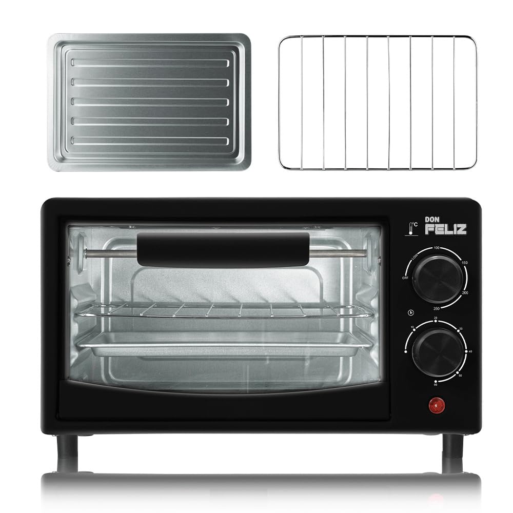 Horno Eléctrico Mini 12L, Multifuncional para Repostería, Tostadas, Pasteles y Pizzas, Negro, 32x18x20cm, Incluye Bandeja y Rejilla, DON FELIZ