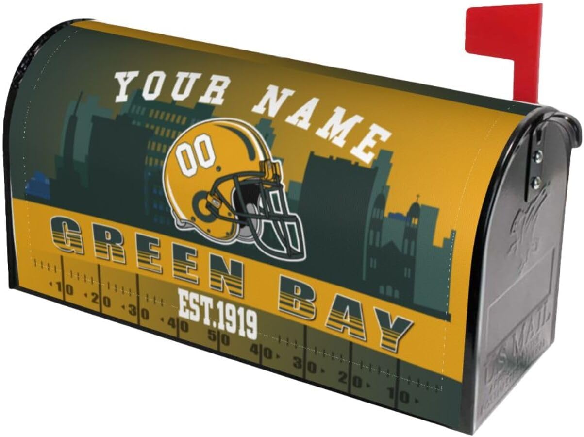 Green Bay Mailbox Cover，Custom Magnetic Post Letter Box Cover，Personalized Mailbox Wrapped with Name Number,Waterproof Mail Cover for Home Garden Yard Outdoor Decor