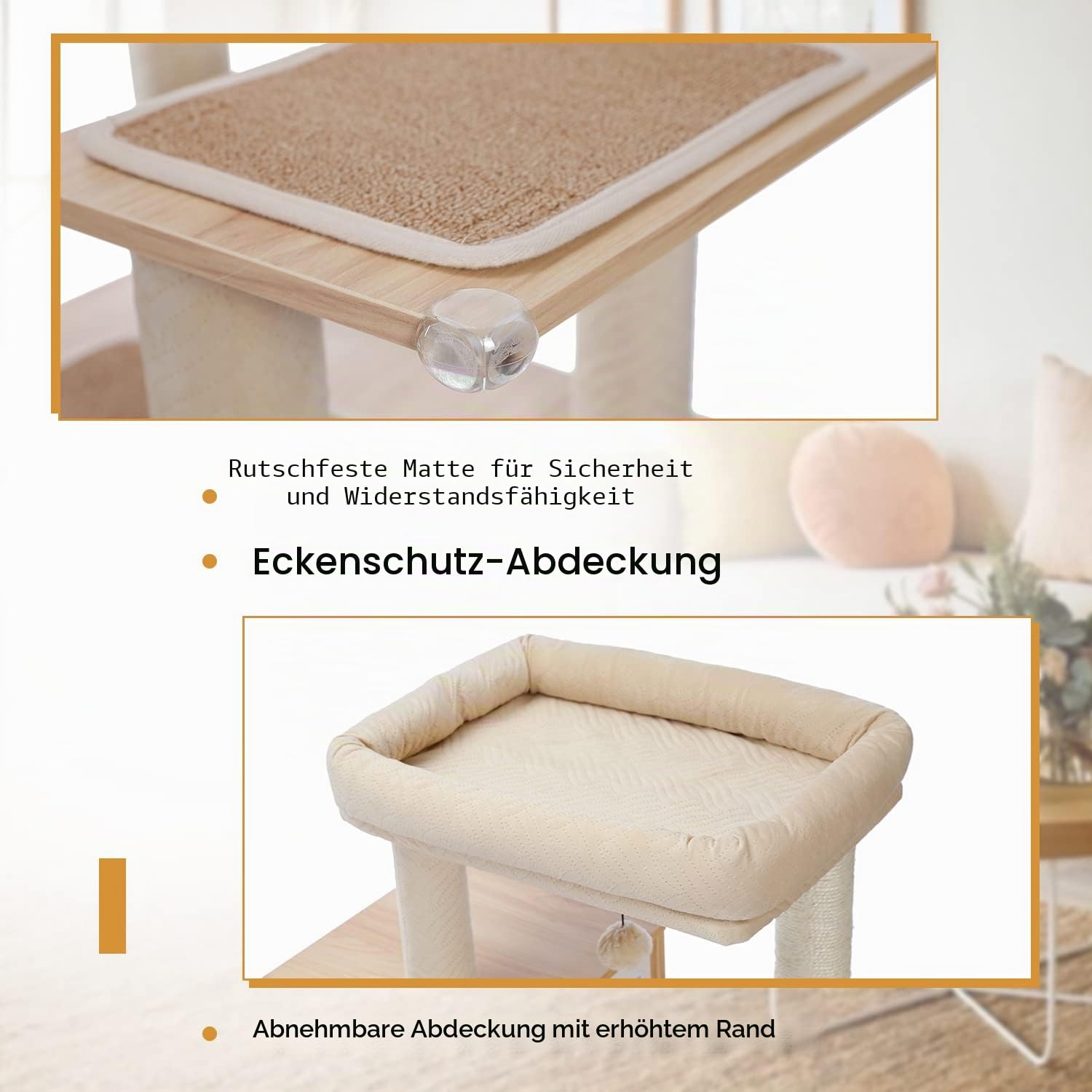 PAWZ Road Moderner Katzenbaum Holz Katzenturm mit Aufbewahrungsschrank Katzentoilette Gehege und geräumiger Katzenhütte Große obere Sitzstange und Hängematte Beige