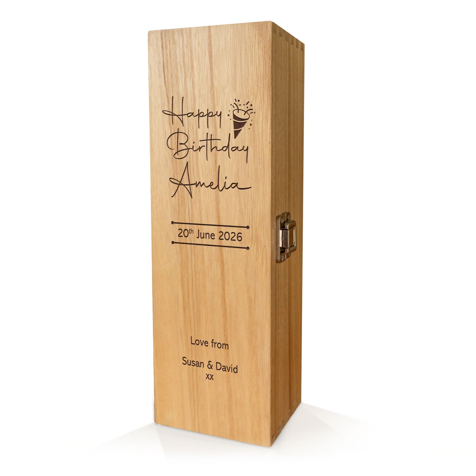 Personalised Wooden Wine Box with Hinged Lid – Custom Laser Engraved Gift with Wood Wool Filling - Celebration Design