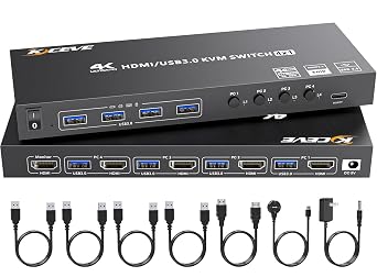 KCEVE HDMI USB 3.0 KVM Switch, 4 Inputs 1 Output, Support 4K@60Hz, Built-in EDID Emulation, 4 x USB 3.0 Ports, Switch between 4 PCs and 1 Monitor, Keyboard Mouse Sharing, No Driver Required, Hand Switch Included