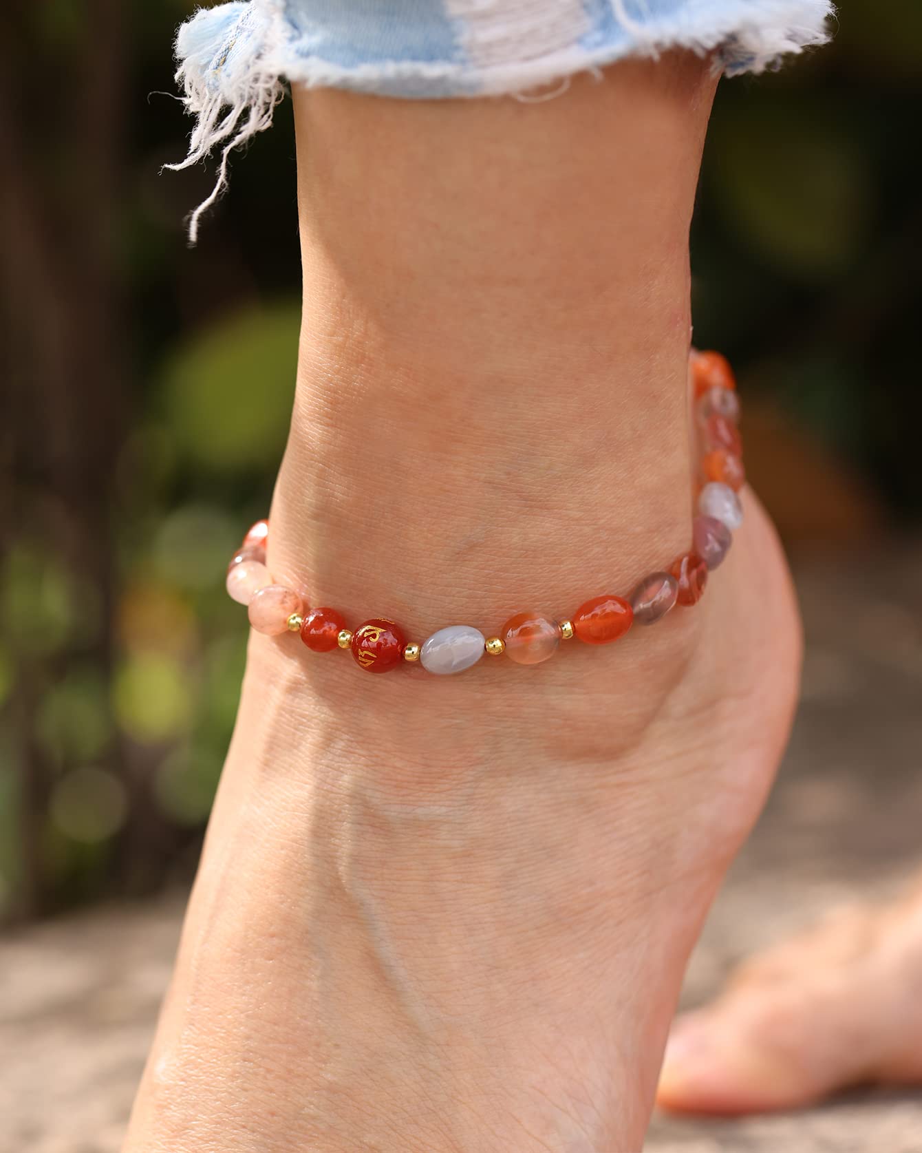 XHUUU Feng Shui Agate Beaded Anklet Protection Tumbled Crystals Ankle Bracelets for Women Beach Foot Jewelry Adjustable (Red Agate) - Image 2