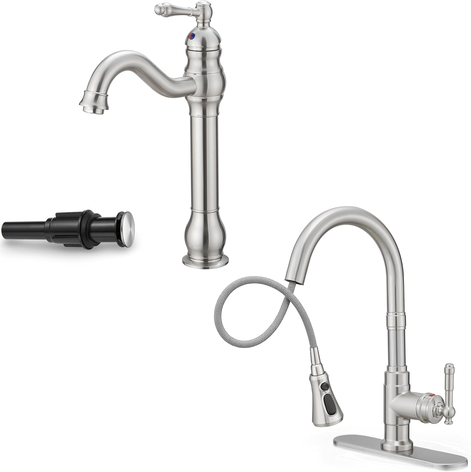 Single Handle Bathroom Faucet and Kitchen Faucet with Sprayer Brushed Nickel, Brass Vessel Sink Faucet 360 Degree Swivel Tall Bathroom Sink Faucet, 3-Function Pull-Down Sprayer Kitchen Faucets