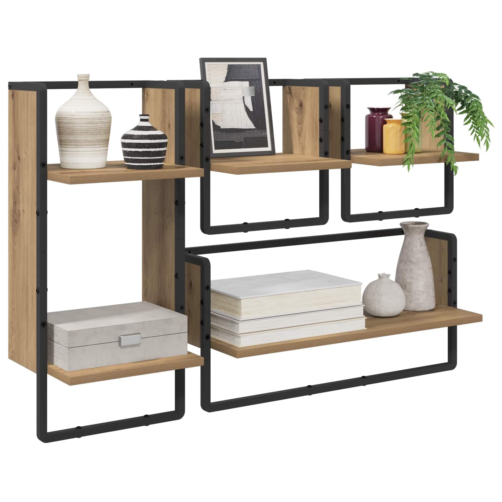 Générique Wandregal-Set, modernes Design, 4-teilig, aus Eiche, handgefertigt, rechteckig, mit stabilem Metallrahmen, für Wohnzimmer, minimalistisches dekoratives Bücherregal