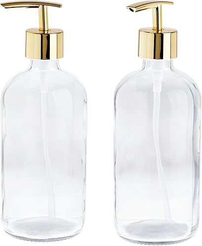 Miniatura 6 de Juvale Juego de dispensador de jabón de vidrio recargable, botellas transparentes de 16 onzas con bombas doradas, paquete de 6, dispensadores de